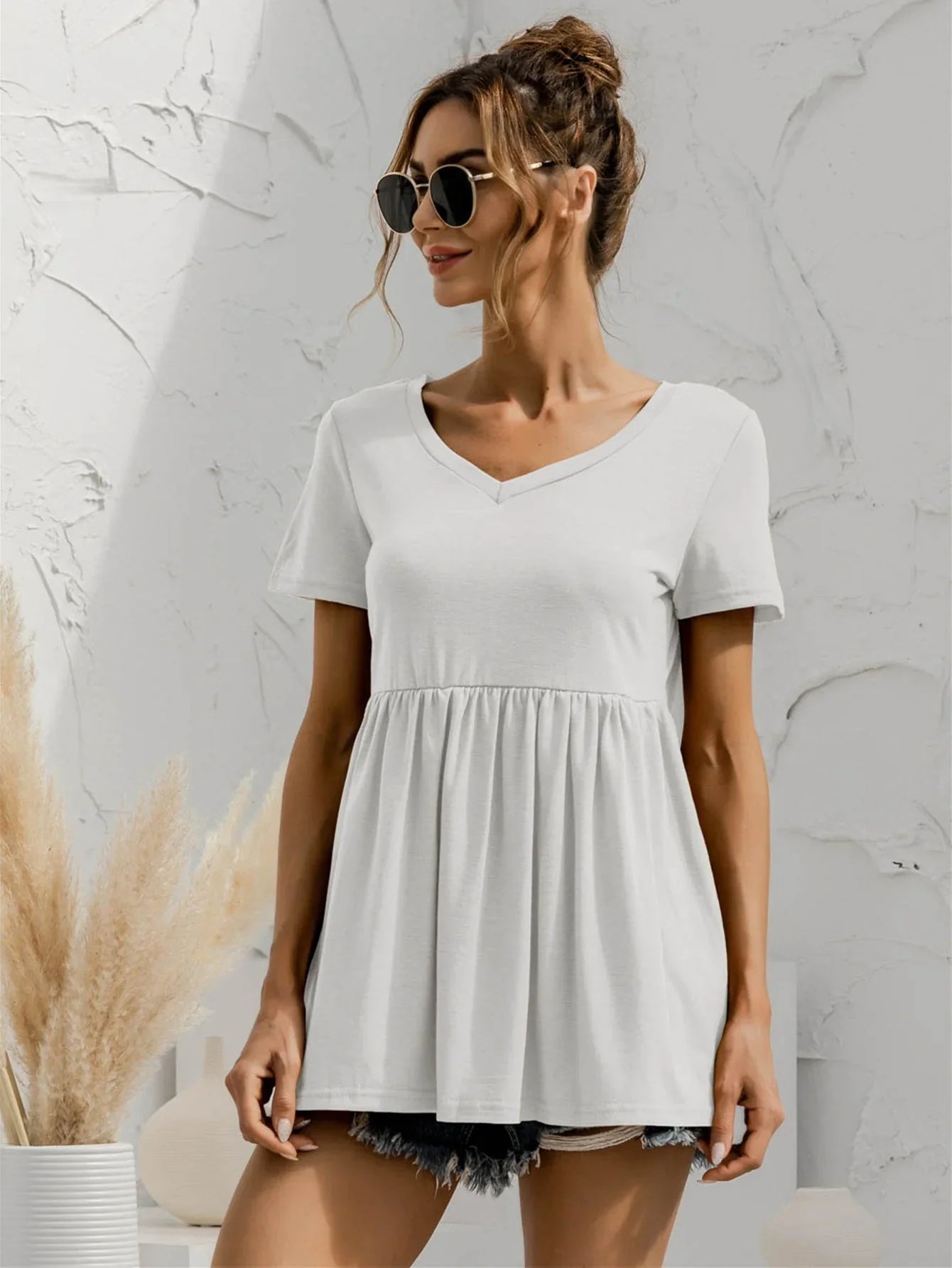 V - Neck Short Sleeve Babydoll Top - VILLA FASHION